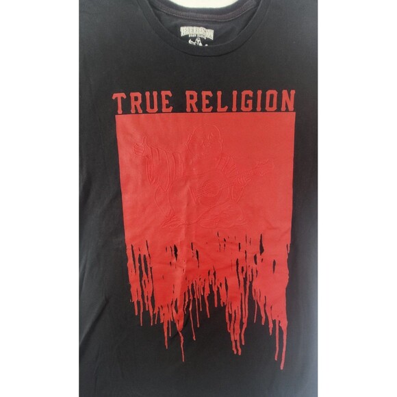 True Religion Brand Black/ Red Paint Dripping Logo Tshirt Mens 2XL - Picture 3 of 7
